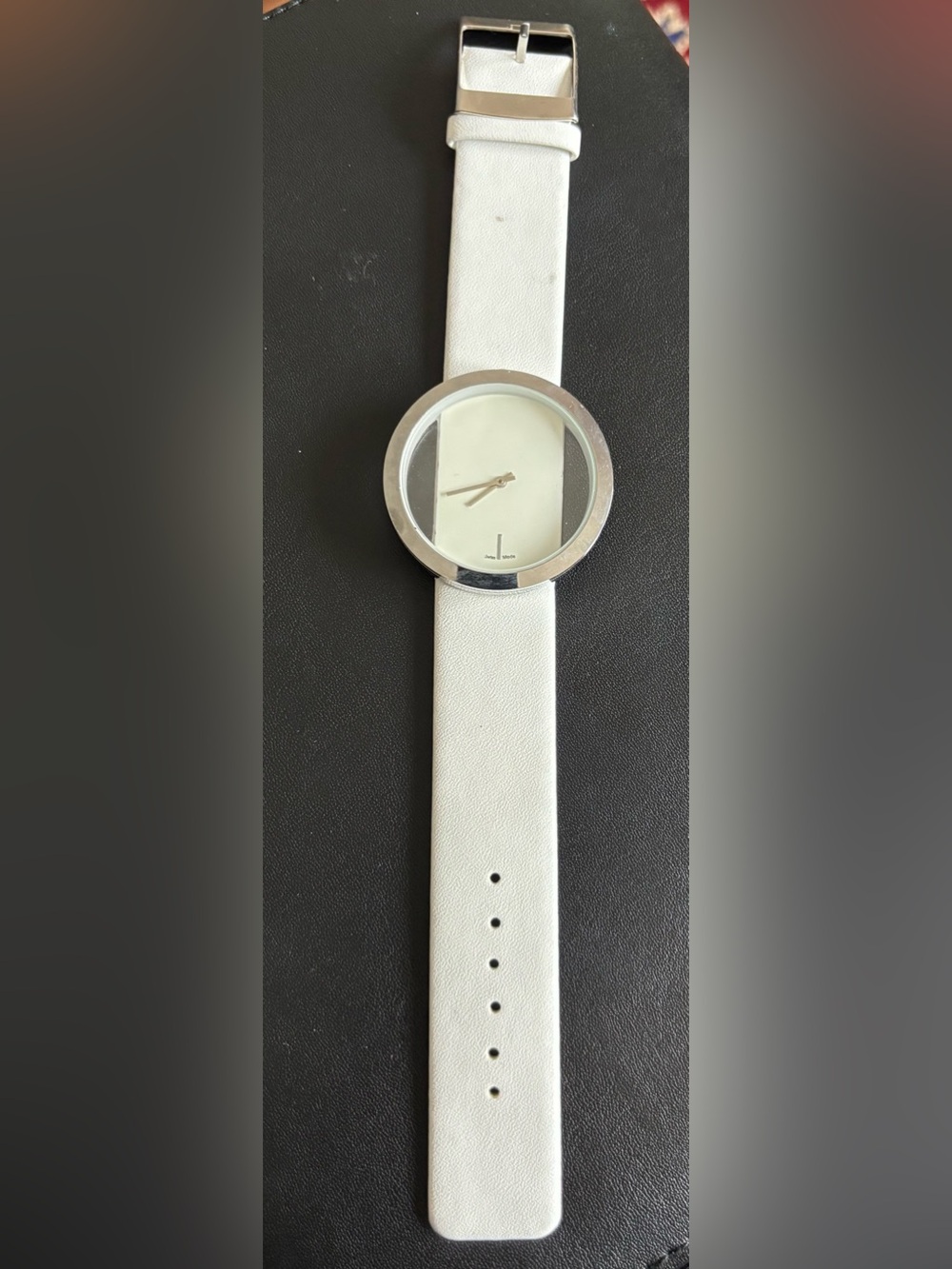 Minimalist Off-White Faux Leather Watch with Silver Bezel